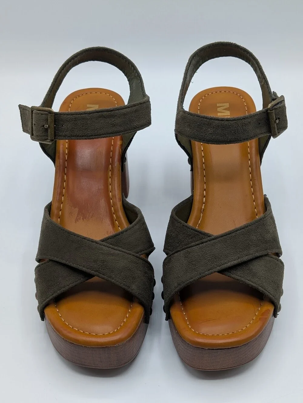 MIA Sandals Women's 8.5 Olive Green Suede Platform  Adjustable Straps Block Heel